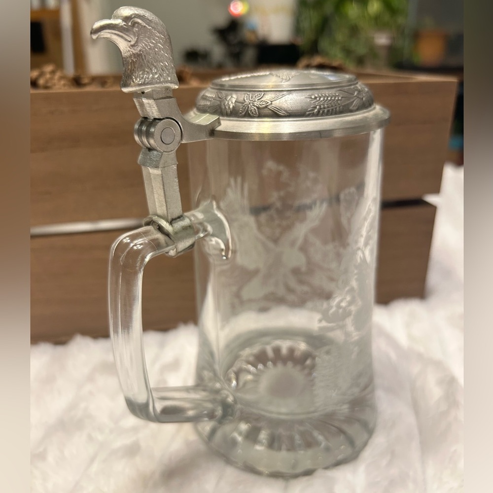 Vintage Domex Glass Stein w/ Etched Glass Eagle Design & Matching Lid, Like New!